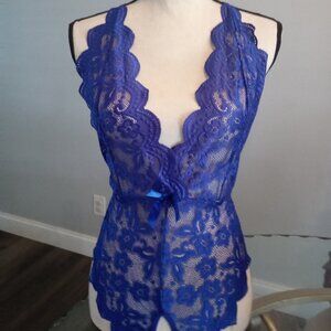 Royal Blue Lace Deep V Crotchless Bodysuit with Bow Accents